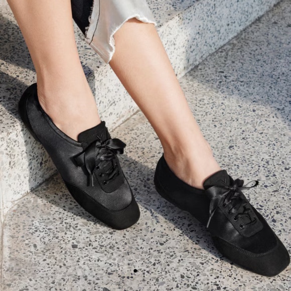 Vivaia Square-Toe Lace-Up Satin Sneakerina, Black - ballet flat. New - Picture 3 of 4